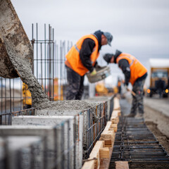 Construction site with workers pouring concrete for security fence foundation, emphasizing protection, access control, architecture planning, and house boundary under construction outdoors