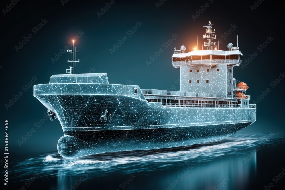 Poster a futuristic autonomous ship navigating through the water, showcasing advanced technology and transp