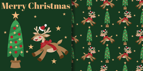 Christmas holidays banner and seamless pattern of cute reindeer wearing red scarf and Santa hat with Christmas tree, stars and Merry Christmas text on green background.