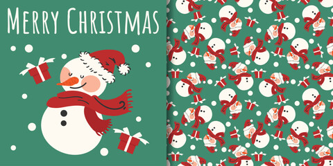Christmas holiday banner and seamless pattern of cute snowman wearing Santa hat and red scarf, gift boxes and snowflakes on green background.