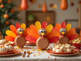 Obraz premium Thanksgiving Kids Table Display: A cheerful Thanksgiving display for children with fun paper turkey crafts, bright table settings, mini pumpkins, and kid-friendly snacks.