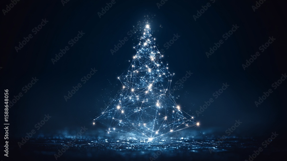 Poster digital christmas tree constructed from glowing interconnected lines and dots on a dark blue abstrac