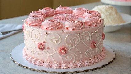 Naklejka premium Charming Pink Celebration Cake with Elegant Frosting Details