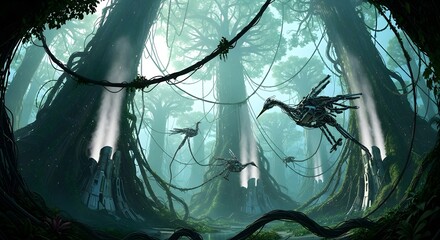 Fantasy forest scene featuring robotic birds flying among tall trees with exposed roots and shafts of light.