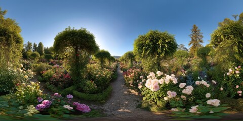 Obraz premium Vibrant floral garden panorama 360 degrees hdr experience nature beauty serene environment