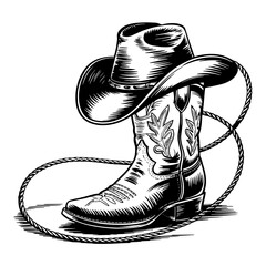 Vector Illustration Frame from rope lasso with cowboy boots and hat in engraving style. Design element for poster, card, banner, sign