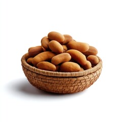 Freshly Harvested Brown Nuts in a Woven Basket on a Clean White Background for Culinary and Art Uses