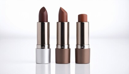 Obraz premium Three brown-toned lipsticks with silver and gold casings on a minimal white surface