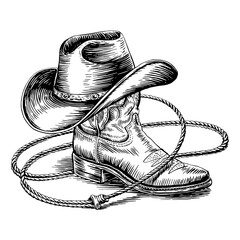 Vector Illustration Frame from rope lasso with cowboy boots and hat in engraving style. Design element for poster, card, banner, sign