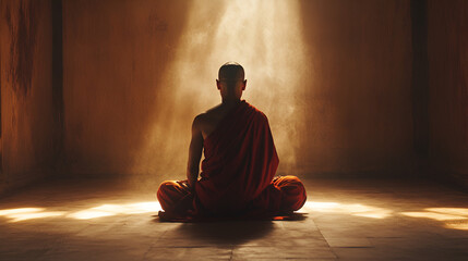 Bald man in orange robe sits crosslegged in a sunlit room