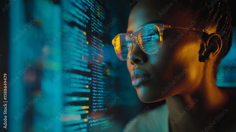 Poster focused coder analyzes glowing digital data reflected in eyeglasses, a future of technology and prog