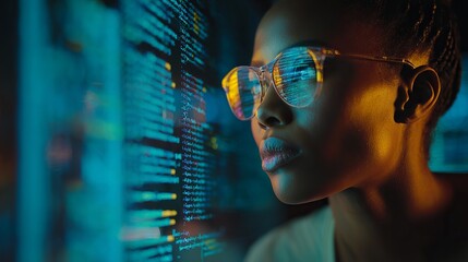 Focused coder analyzes glowing digital data reflected in eyeglasses, a future of technology and programming advancements.