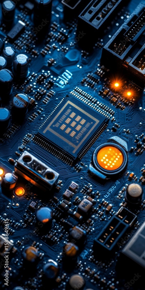 Poster high angle view of a futuristic ai brain chip motherboard with intricate cpu design and circuits