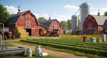 A rural farm scene with red barns, tractors, hay bales, crop rows, and silos under a bright sky.