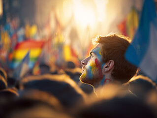 Obraz premium Young man with painted face watching event with rainbow flag in background