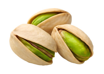 Three fresh pistachios with open shells reveal vibrant green nuts, perfectly isolated on a transparent background, high quality PNG file.