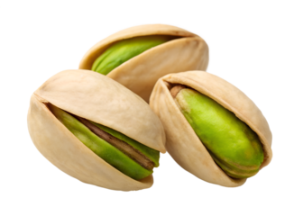 Three fresh pistachios with open shells reveal vibrant green nuts, perfectly isolated on a transparent background, high quality PNG file.