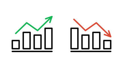 Graph growth with arrow up and reduction with arrow down, line chart icon. Financial invest, fall, increase and decrease. Statistics and analytics. Vector flat illustration