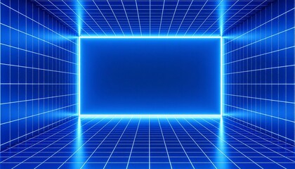 Futuristic digital room with glowing blue grid walls and neon lighting