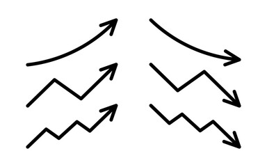 Growth and reduction arrow, up and down, line icon set. Rise and fall, increase and decrease. Graphic signs. Vector flat illustration