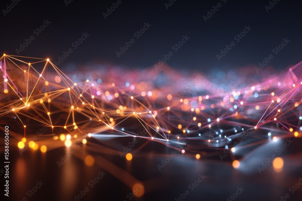 Poster a dark background with numerous glowing lights creating a vibrant and dynamic visual display.