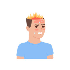 Human head with fire, angry man. Brain with flame, burnout on stress. Intense brain activity from overwork, tension, multitasking. Mental illness. Vector flat illustration