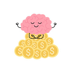 Brain meditation on money pile, cute child character for finance success. Happy brain surrounded by money. Finance guidance, investment, money safe management. Vector flat illustration