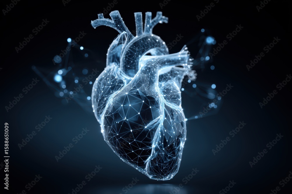 Poster this stock image visualizes a digital heartbeat monitor as a heart with connected lines and dots, sy