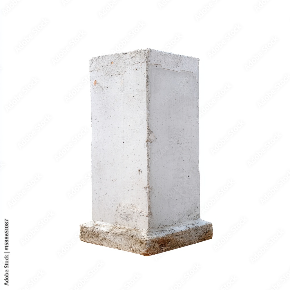 Poster white concrete column base under bright light for architectural detail and texture in isolated backg