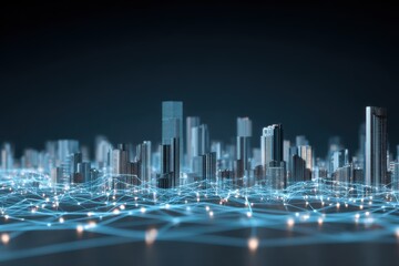 A futuristic cityscape with intricate network lines connecting modern buildings, showcasing the concept of a digital twin of a city.