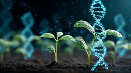 Futuristic agriculture with digital DNA data enhancing plant growth and optimizing crop yields in the future technology.