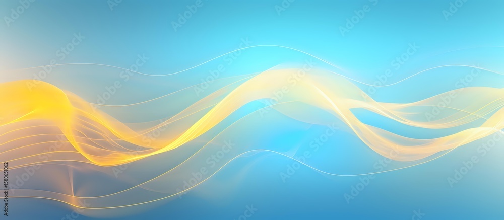 Poster flowing abstract waves in soft yellow and turquoise colors create dynamic motion against gradient bl