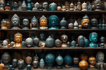 Fototapeta premium Collection of decorative Buddha head sculptures and statues displayed on wooden shelves, featuring turquoise, gold and silver finishes. Eastern spiritual decor.