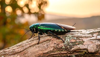 Close-up of a colorful insect on a tree branch at sunset