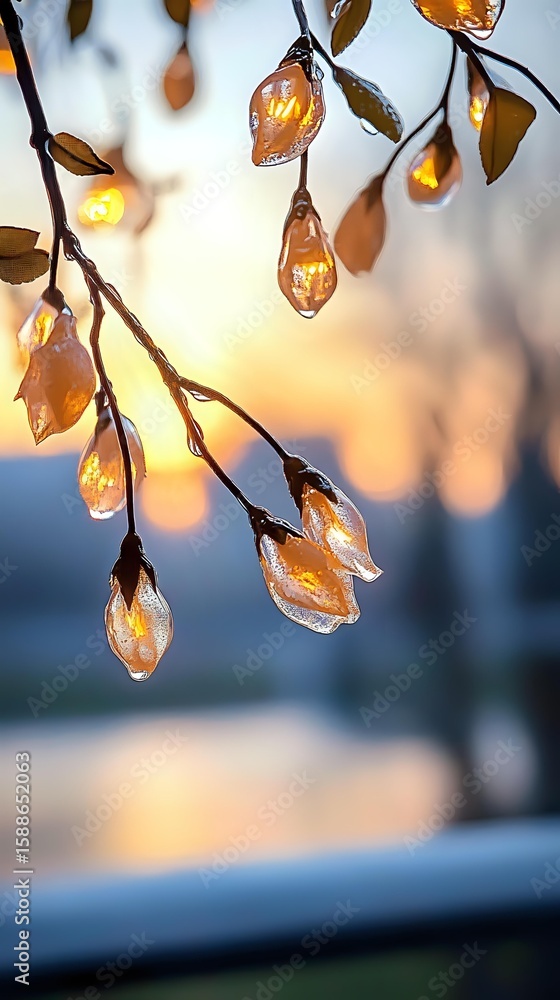 Poster frozen tree branches with ice-covered buds glowing in golden sunset light, creating magical winter a