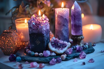 Glowing amethyst crystal candles with raw gemstones and healing stones create mystical atmosphere on sage smudge bundle. Purple geode decorations illuminate spiritual space.
