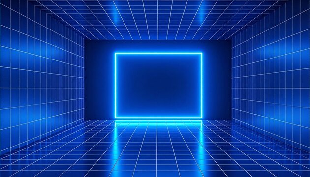Futuristic digital room with glowing blue grid walls and neon lighting