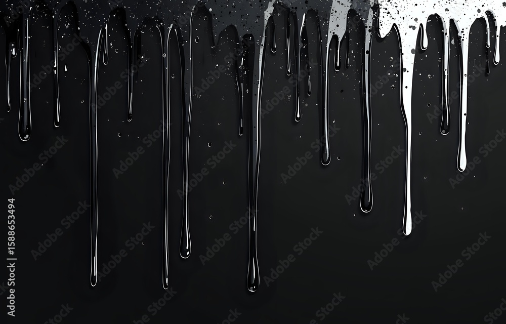 Poster white paint drips flowing down on black background creating dramatic contrast effect with varied len