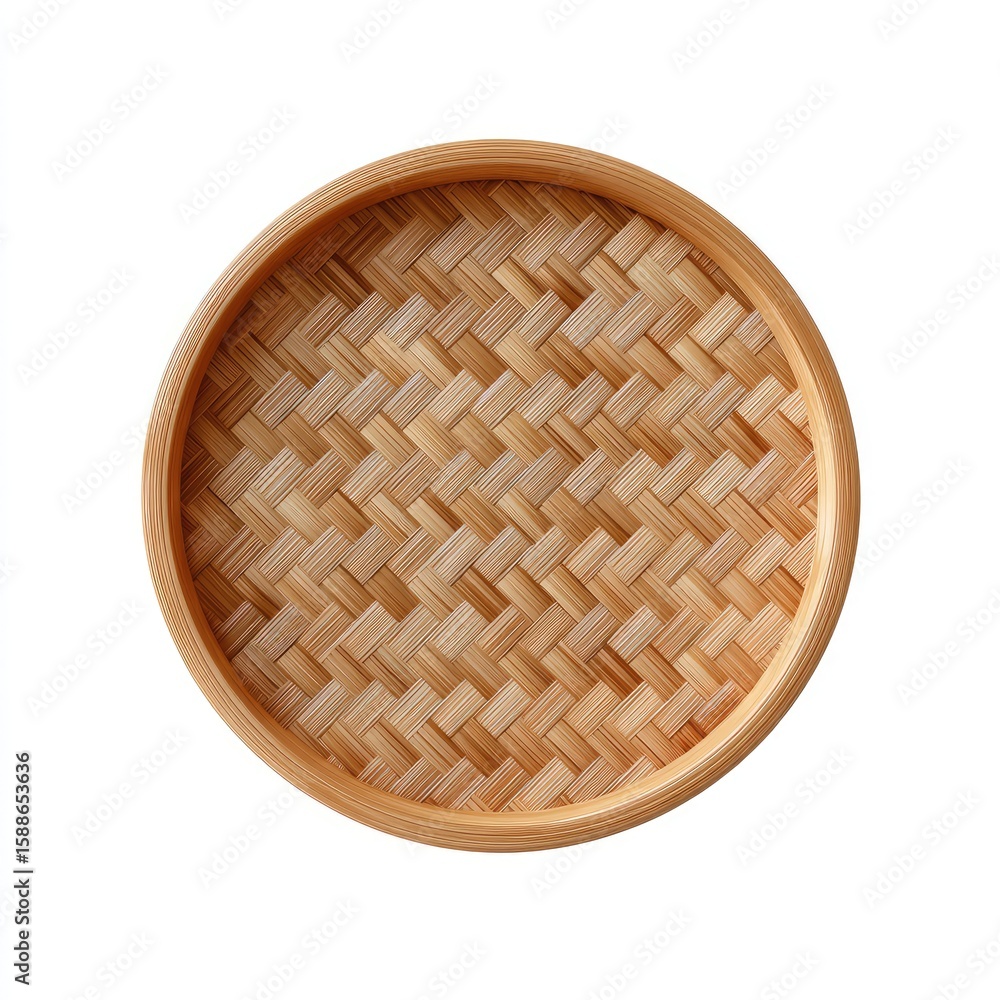 Poster round bamboo tray with intricate weave pattern for serving food or displaying items in home decor