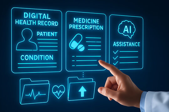 Digital health record ai assistance medicine prescription doctor touching screen interface technology