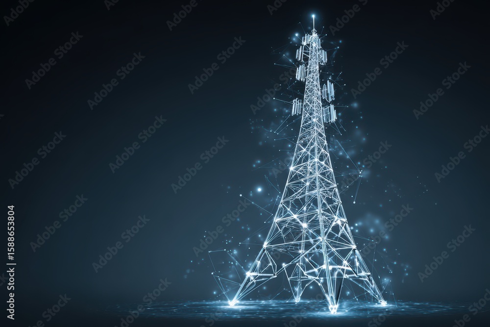 Poster a futuristic wireframe illustration of a tower with a network on it resembling an ant. the intricate