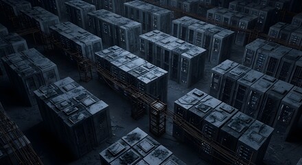 A vast, dark expanse of stacked, dollar-bill-textured blocks forming a complex, grid-like structure.