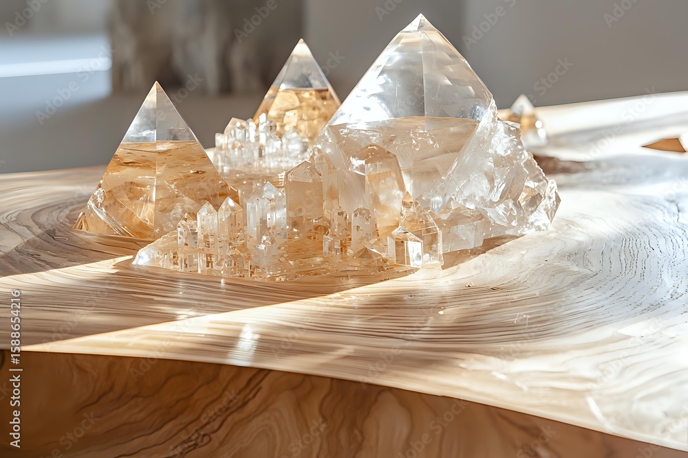 Aufkleber crystal pyramids with golden rutilated quartz inclusions on wooden surface in sunlight, creating eth