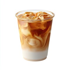 Delicious iced coffee with creamy swirls and ice cubes in a clear cup on a white background