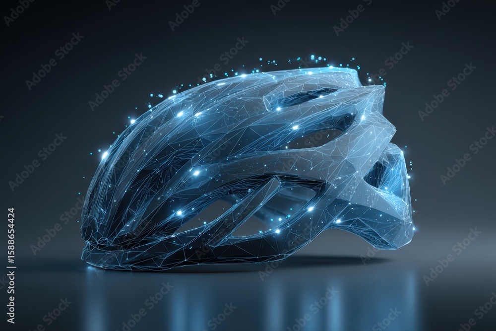 Poster a close-up of a helmet with a futuristic wireframe design, showing intricate details and modern tech