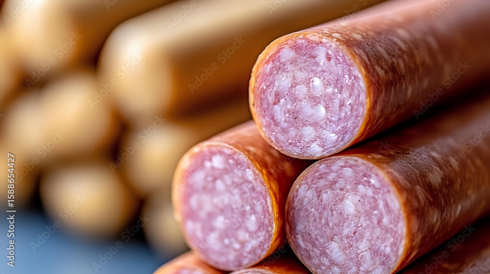 Poster fresh sliced salami sausage with visible spices and fat marbling texture, macro close up view showin