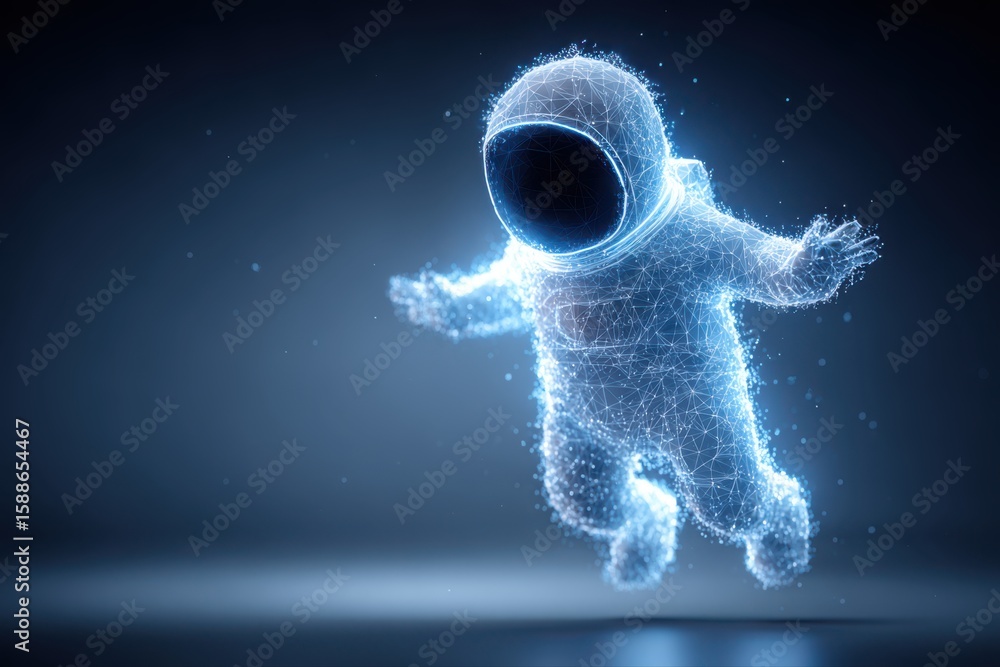 Poster a man in a futuristic space suit is running through outer space, with wireframe illustrations of a b