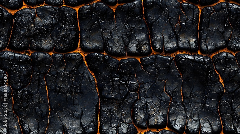 Poster charred black wood surface with glowing orange cracks creating dramatic pattern. dark burnt texture 