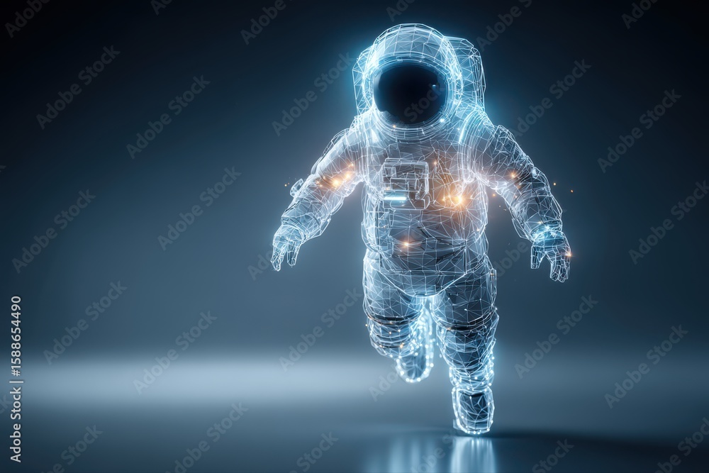 Poster astronaut wearing a high-tech suit, running through outer space. the astronaut is surrounded by star