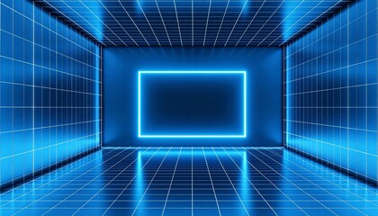 Futuristic digital room with glowing blue grid walls and neon lighting